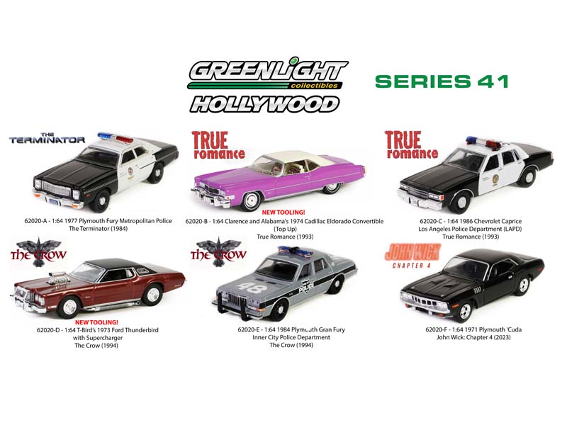 PRE-ORDER (Hollywood Series 41) SET OF 6 Diecast 1:64 Scale Models - Greenlight 62020
