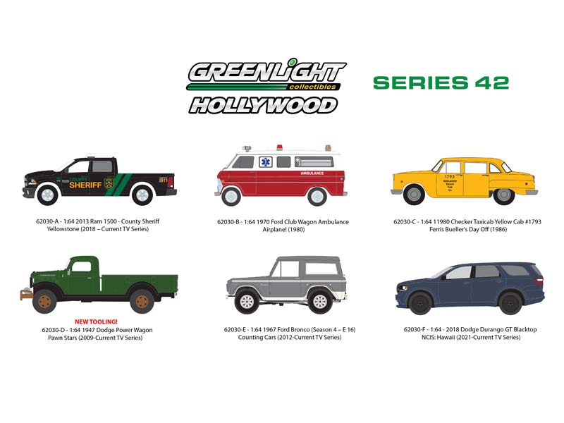 PRE-ORDER (Hollywood Series 42) SET OF 6 Diecast 1:64 Scale Models - Greenlight 62030