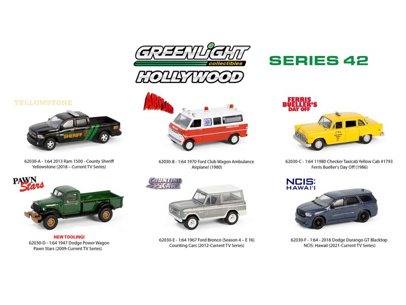 PRE-ORDER (Hollywood Series 42) SET OF 6 Diecast 1:64 Scale Models - Greenlight 62030