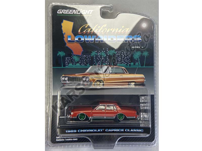 CHASE 1989 Chevrolet Caprice Classic - Custom Red w/ Yellow Stripes (California Lowriders Series 3) Diecast 1:64 Scale Model - Greenlight 63040F