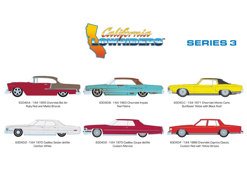 (California Lowriders) Series 3 SET OF 6 Diecast 1:64 Scale Models - Greenlight 63040