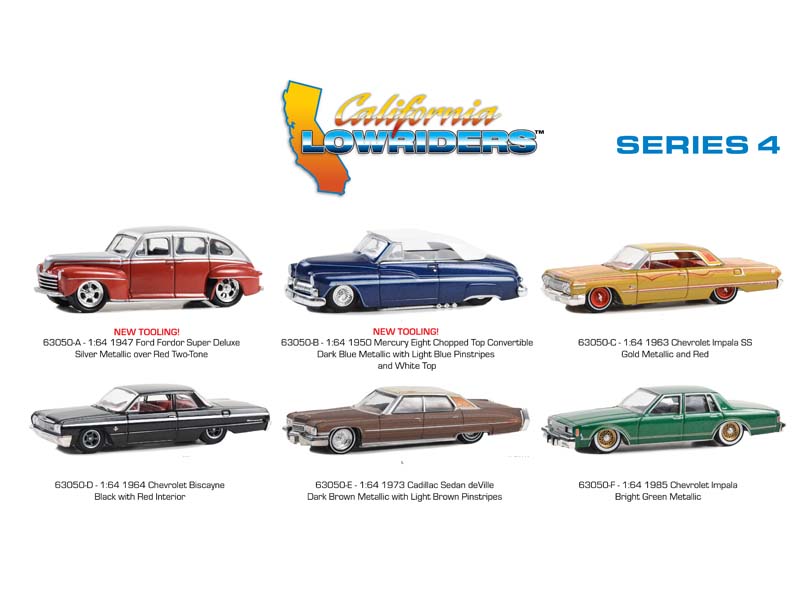 (California Lowriders) Series 4 SET OF 6 Diecast 1:64 Scale Models - Greenlight 63050