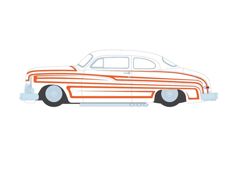 PRE-ORDER 1950 Mercury Eight Coupe - Matte White w/ Metallic Orange Scallops (California Lowriders Series 6) Diecast 1:64 Scale Model - Greenlight 63070B