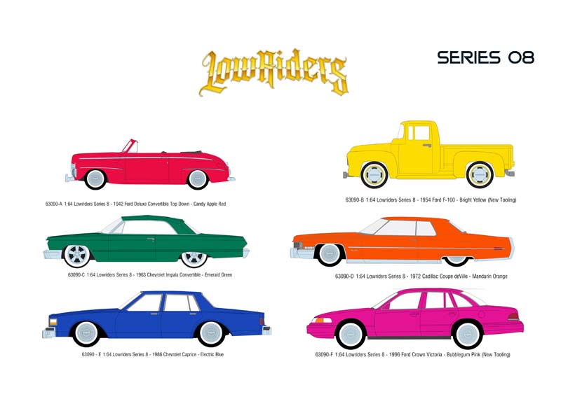 PRE-ORDER (Lowriders Series 8) SET OF 6 Diecast 1:64 Scale Models - Greenlight 63090
