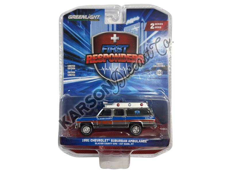 CHROME CHASE 1991 Chevrolet Suburban Ambulance – Glacier County EMS Montana (First Responders Series 2) Diecast 1:64 Scale Model - Greenlight 67060B