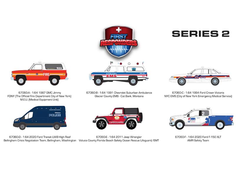 (First Responders Series 2) SET OF 6 Diecast 1:64 Scale Models - Greenlight 67060