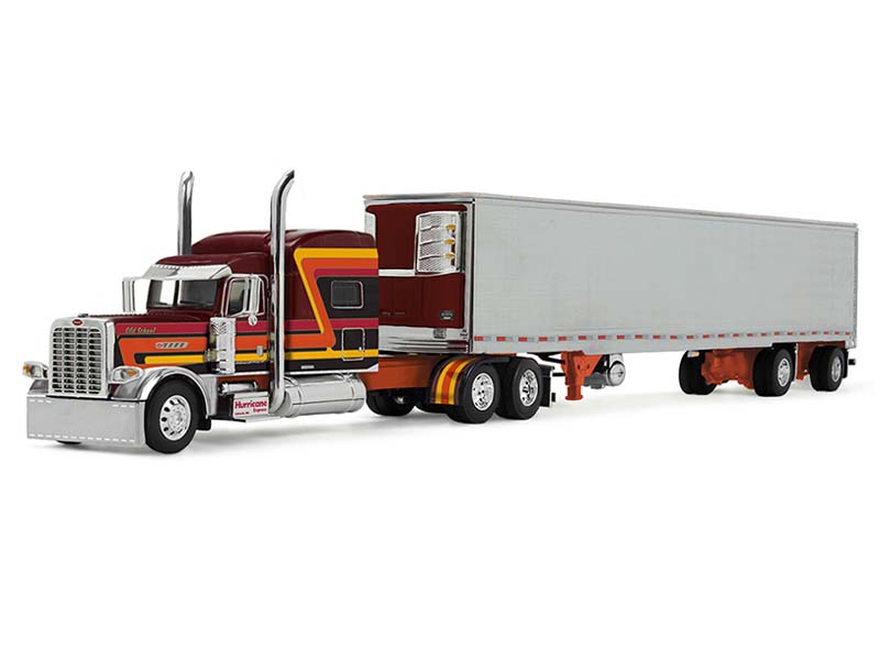 PRE-ORDER Peterbilt Model 389 Pride-N-Class - Maroon w/ Orange Yellow and Red Stripes Hauling Refrigerated (Hurricane Express) Diecast 1:64 Scale Model - DCP 69-2073