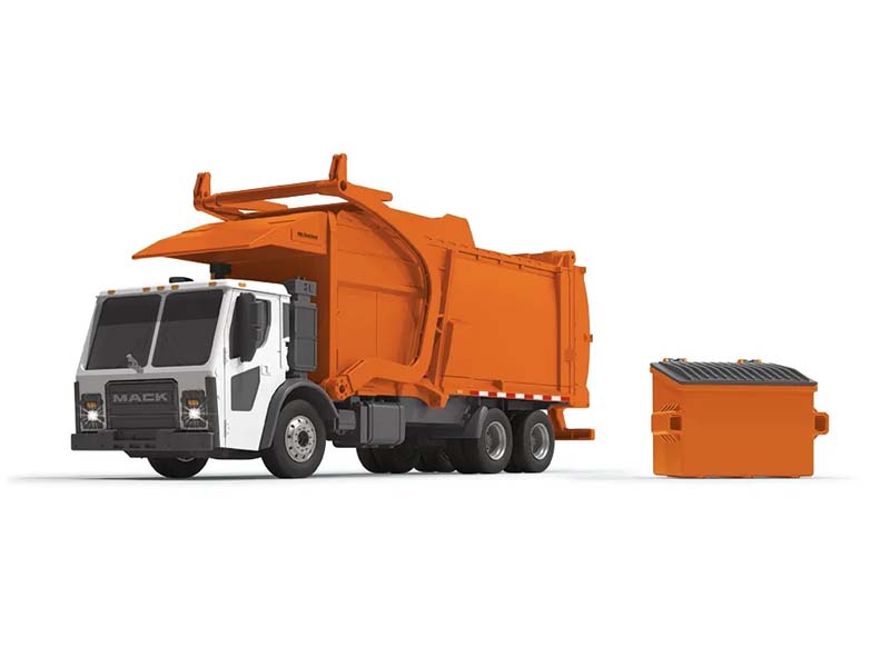 Mack LR w/ McNeilus Meridian Front Load Refuse Truck & Bin w/ Lights and Sounds - Orange Plastic 1:25 Scale Model - First Gear 70-0625