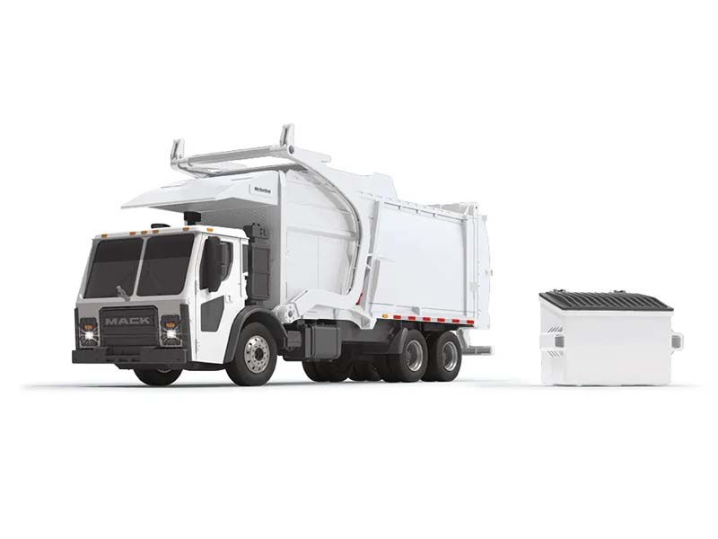 PRE-ORDER Mack LR w/ McNeilus Meridian Front Load Refuse Truck & Bin w/ Lights and Sounds - White Plastic 1:25 Scale Model - First Gear 70-0626