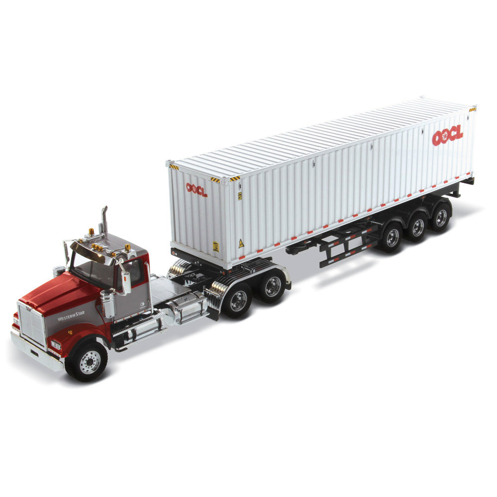 Western Star 4900 SFFA Day Cab w/ 40' Dry Goods Sea Container - Red & Gray OOCL White (Transport Series) 1:50 Scale Model - Diecast Masters 71064