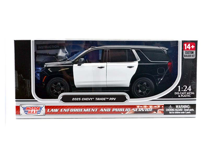 2025 Chevrolet Tahoe Police Pursuit Vehicle – Plain Black and White Two-tone (Law Enforcement and Public Service) Diecast 1:24 Scale Model - Motormax 76816BKWH