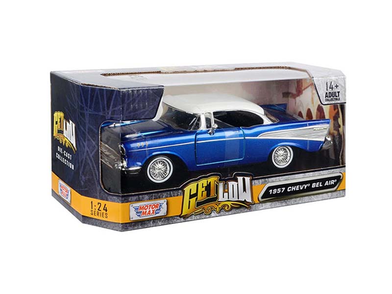 1957 Chevrolet Bel Air Lowrider – Blue w/ White Top (Get Low) Diecast 1:24 Scale Model - Motormax 79030BL
