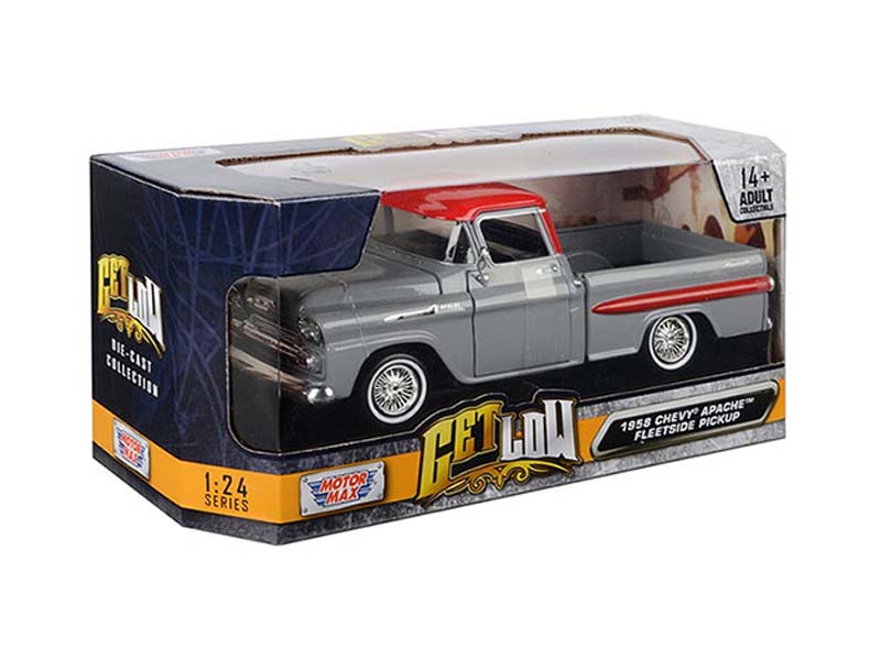 1958 Chevrolet Apache Fleetside Pick Up Grey w/ Red Top Lowrider (Get Low) Diecast 1:24 Scale Model - Motormax 79033GRY