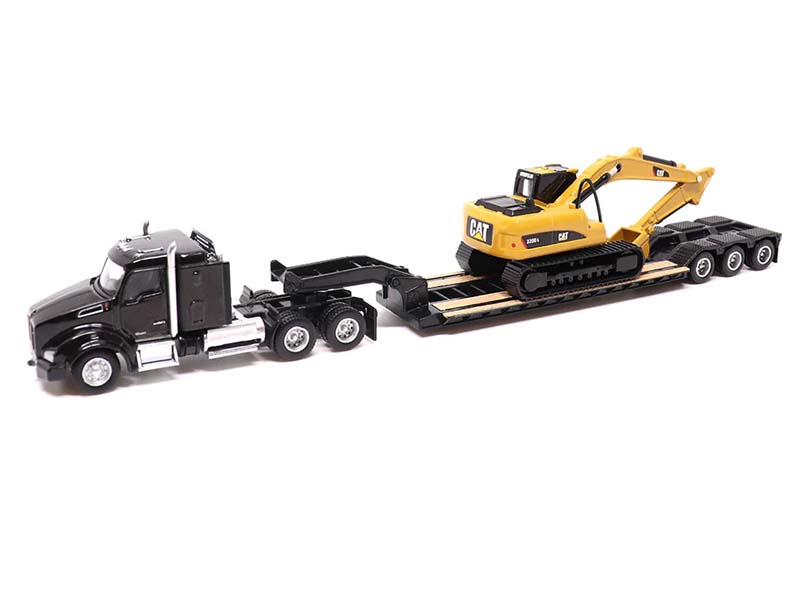 Kenworth T880s SBFS 40in-Sleeper Tandem Tractor w/ Lowboy Trailer and Cat 320D L Hydraulic Excavator 1:87 HO Scale Model - Diecast Masters 84420