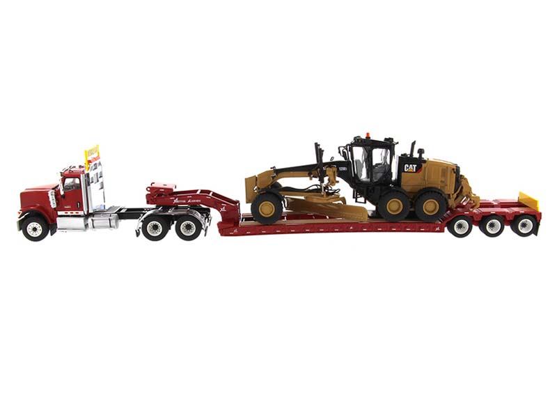 International HX520 Tandem Tractor Red w/ XL 120 Lowboy Trailer & CAT Caterpillar 12M3 Motor Grader 1:50 Scale Model - Diecast Masters 85598