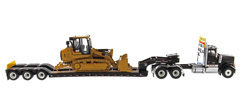 International HX520 Tandem Tractor Black w/ XL 120 Lowboy Trailer & CAT Caterpillar 963K Track Loader - 1:50 Scale Model - Diecast Masters 85599