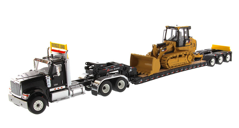 International HX520 Tandem Tractor Black w/ XL 120 Lowboy Trailer & CAT Caterpillar 963K Track Loader - 1:50 Scale Model - Diecast Masters 85599