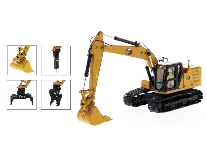 CAT Caterpillar 323 Hydraulic Excavator Next Generation w/ 4 Work Tools and Operator - (High Line Series) 1:50 Scale Model - Diecast Masters 85657
