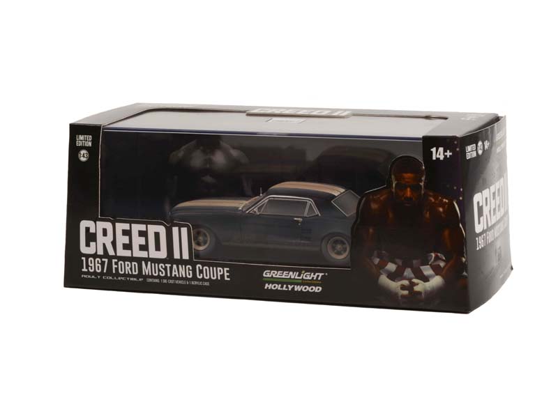 Adonis Creed's 1967 Ford Mustang Coupe - Matte Black w/ White Stripes (Weathered) Creed II Diecast 1:43 Scale Model - Greenlight 86621