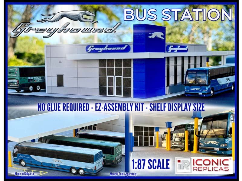 Greyhound Bus Station Diorama - E-Z Assembly Kit Diecast 1:87 Scale Model - Iconic Replicas 87-0599