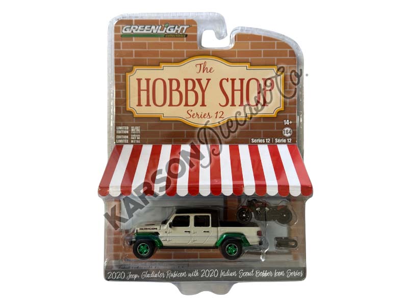 CHASE 2020 Jeep Gladiator Rubicon w/ 2020 Indian Scout (The Hobby Shop Series 12) Diecast 1:64 Scale Model - Greenlight 97120F