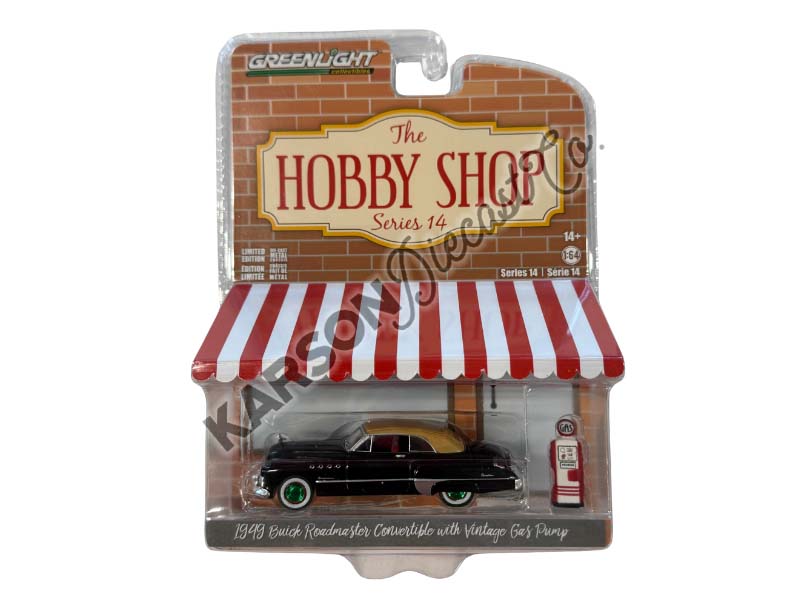 CHASE 1949 Buick Roadmaster Convertible w/ Vintage Gas Pump (The Hobby Shop Series 14) Diecast 1:64 Scale Model - Greenlight 97140A