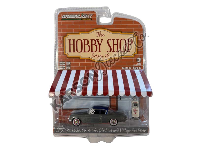 RAW CHASE 1954 Studebaker Commander Starliner w/ Wayne 505 Gas Pump – Chevron Supreme (The Hobby Shop Series 16) Diecast 1:64 Scale Model - Greenlight 97160B