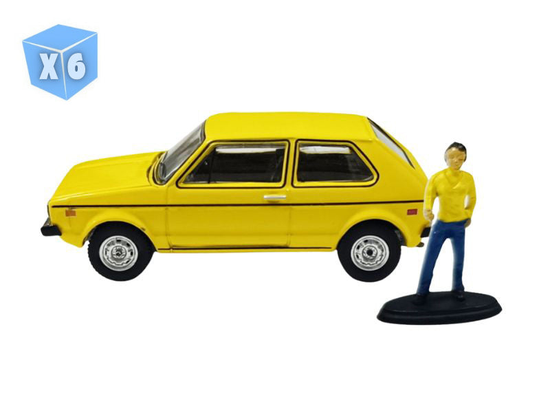 PRE-ORDER - 6 PACK 1977 VW Rabbit – Riyad Yellow w/ Female Customer (The Hobby Shop Series 17) Diecast 1:64 Scale Model - Greenlight 97170A