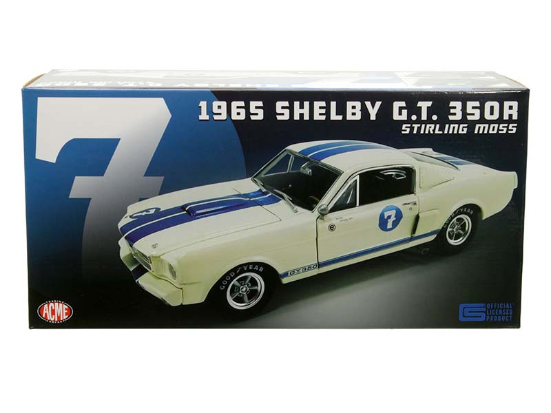 1965 Ford Mustang Shelby GT350R #7 Stirling Moss – White w/ Blue Stripes (Limited 1 of 516) Diecast 1:18 Scale Model - ACME A1801814