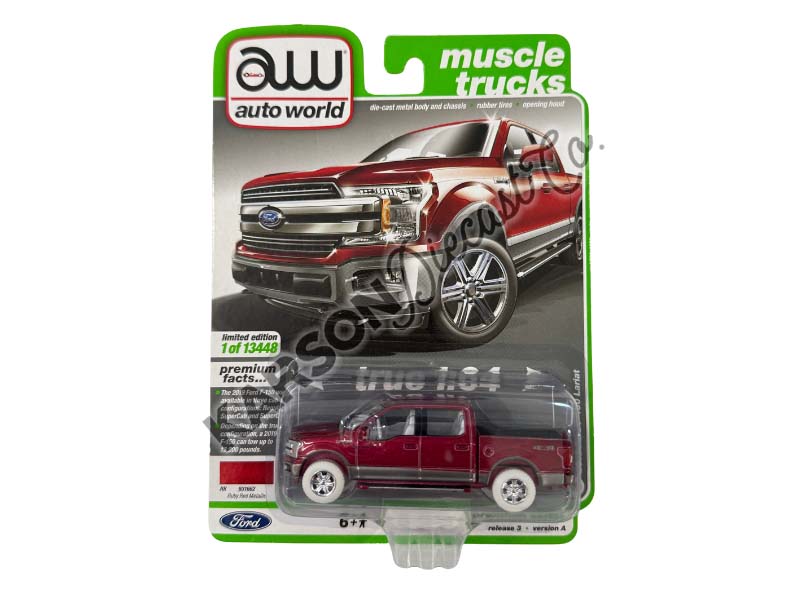 CHASE 2019 Ford F-150 Lariat 4x4 Pickup Truck - Ruby Red Metallic (Muscle Trucks) Diecast 1:64 Scale Model - Autoworld AW64322A