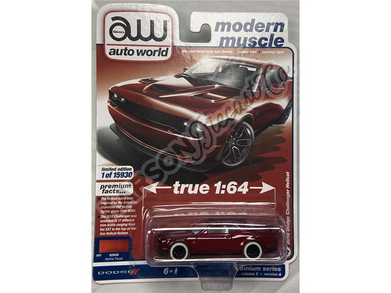 CHASE 2018 Dodge Challenger Hellcat - Redline Tricoat Poly (Modern Muscle) Diecast 1:64 Scale Model - Auto World 64342A