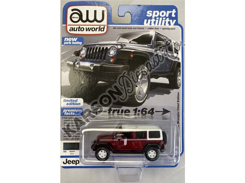 CHASE 2017 Jeep JK Wrangler Chief Edition - Rhino Blue w/ White Top (Premium 2022 Release 3B) Diecast 1:64 Scale Model - Auto World AW64372B