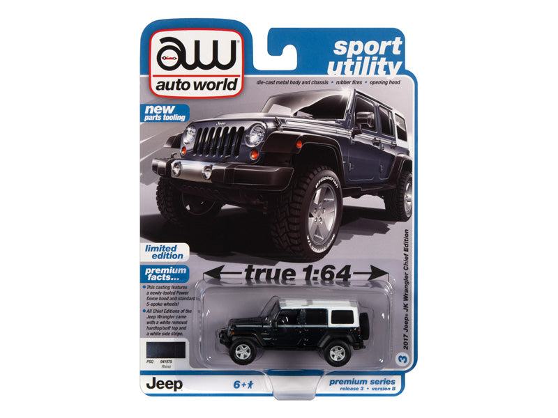CHASE 2017 Jeep JK Wrangler Chief Edition - Rhino Blue w/ White Top (Premium 2022 Release 3B) Diecast 1:64 Scale Model - Auto World AW64372B