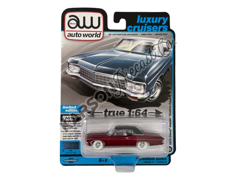 CHASE 1970 Chevrolet Impala Custom Coupe Astro Blue Metallic w/ White Vinyl Top (Luxury Cruisers) Diecast 1:64 Scale Model - Auto World AW64382B