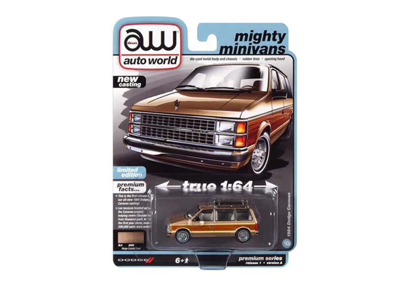 1984 Dodge Caravan Van Beige Crystal Metallic w/ Woodgrain Panels (Mighty Minivans) Diecast 1:64 Scale Model - Auto World 64392A