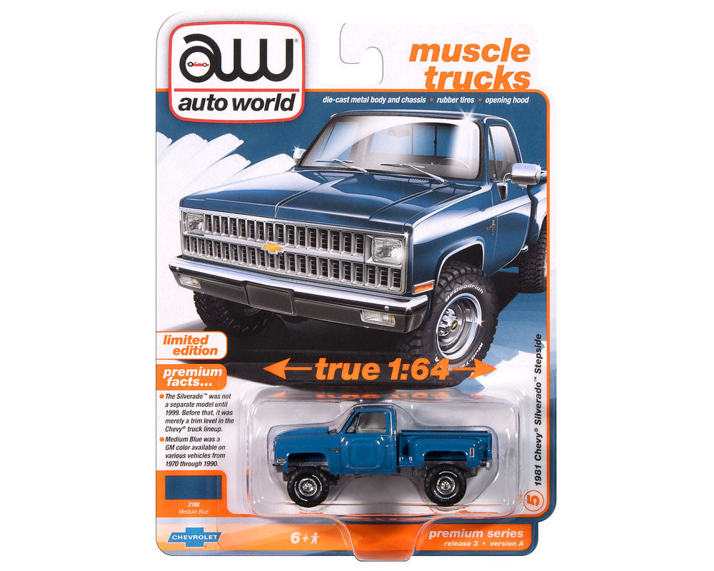 1981 Chevrolet Silverado 10 Pickup Stepside 4x4 – Medium Blue (Premium 2024 Release 3) Diecast 1:64 Scale Model - Auto World AWSP179A