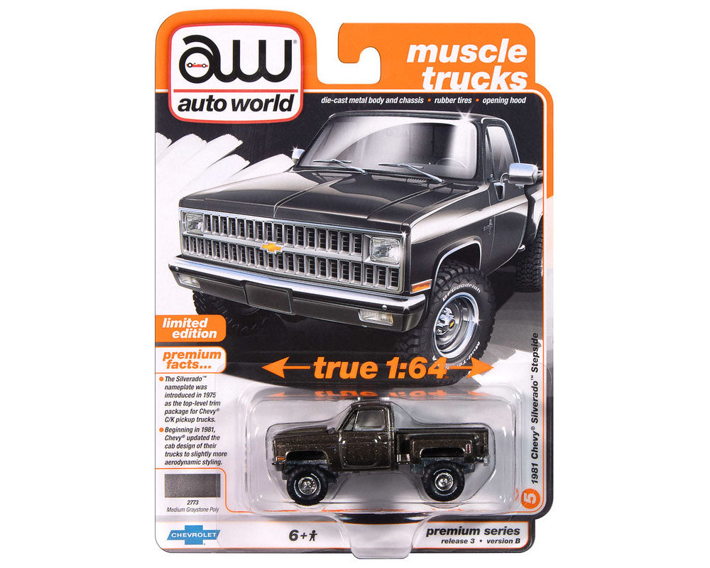 6 PACK 1981 Chevrolet Silverado Stepside Pickup - Medium Graystone Poly (Premium 2024 Release 3) Diecast 1:64 Scale Model - Auto World AWSP179B