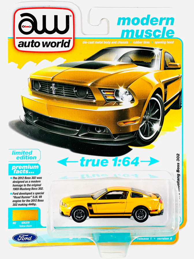 2012 Ford Mustang Boss 302 Yellow Blaze w/ Black Accents (Premium 2025 Release Version A) Diecast 1:64 Scale Model - Auto World AWSP186A