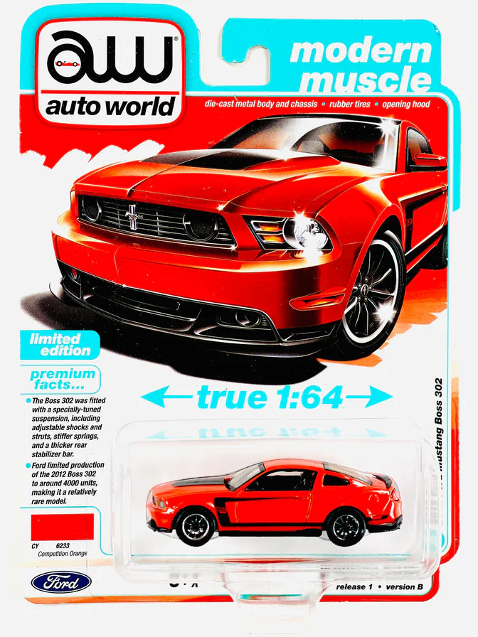 2012 Ford Mustang Boss 302 Competition Orange w/Black Accents (Premium 2025 Release Version B) Diecast 1:64 Scale Model - Auto World AWSP186B