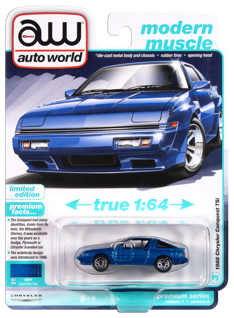 1988 Chrysler Conquest TSi Bright Blue Metallic (Premium 2025 Release Version A) Diecast 1:64 Scale Model - Auto World AWSP187A