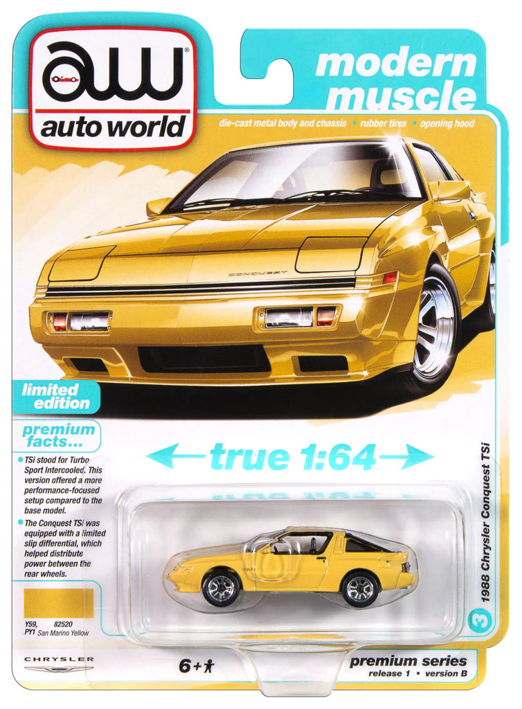 1988 Chrysler Conquest TSi San Marino Yellow (Premium 2025 Release Version B) Diecast 1:64 Scale Model - Auto World AWSP187B