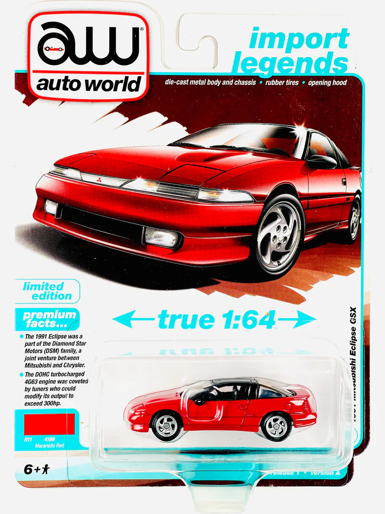 1991 Mitsubishi Eclipse GSX Maranello Red (Premium 2025 Release Version A) Diecast 1:64 Scale Model - Auto World AWSP189A