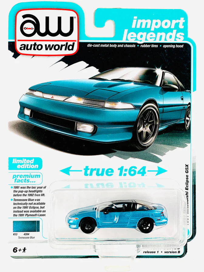 1991 Mitsubishi Eclipse GSX Tennessee Blue (Premium 2025 Release Version B) Diecast 1:64 Scale Model - Auto World AWSP189B