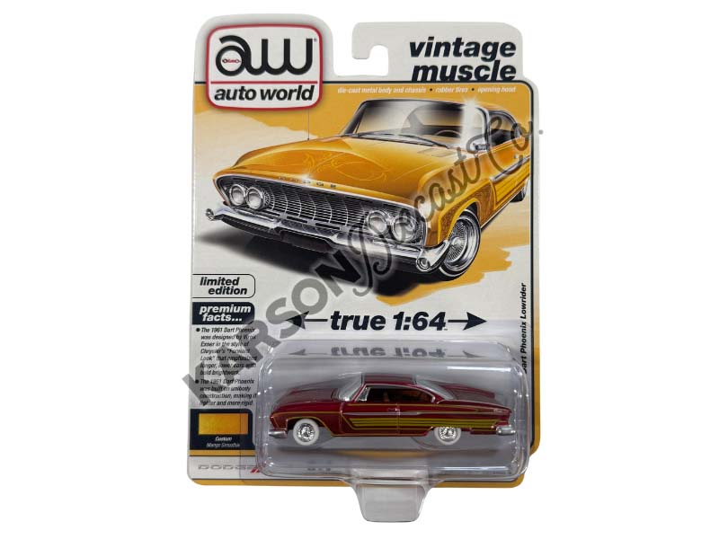 CHASE 1961 Dodge Phoenix Lowrider Mango Smoothie Metallic w/ Lowrider Graphics Diecast 1:64 Scale Model - Auto World AWSP195A
