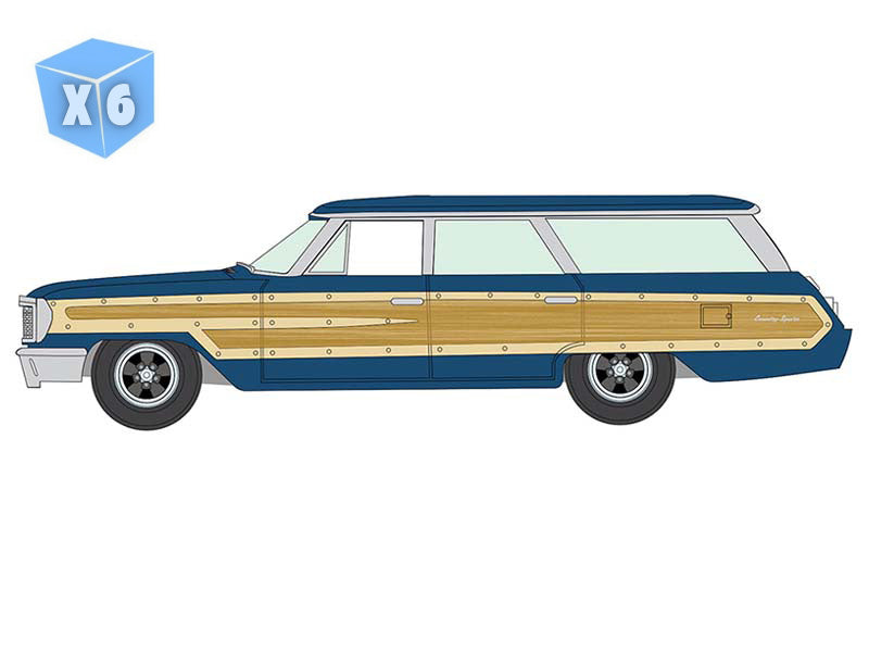 PRE-ORDER - 6 PACK 1964 Ford Country Squire - Guardsman Blue w/ Honey-Colored Wood Trim Diecast 1:64 Scale Model - Auto World AWSP205A