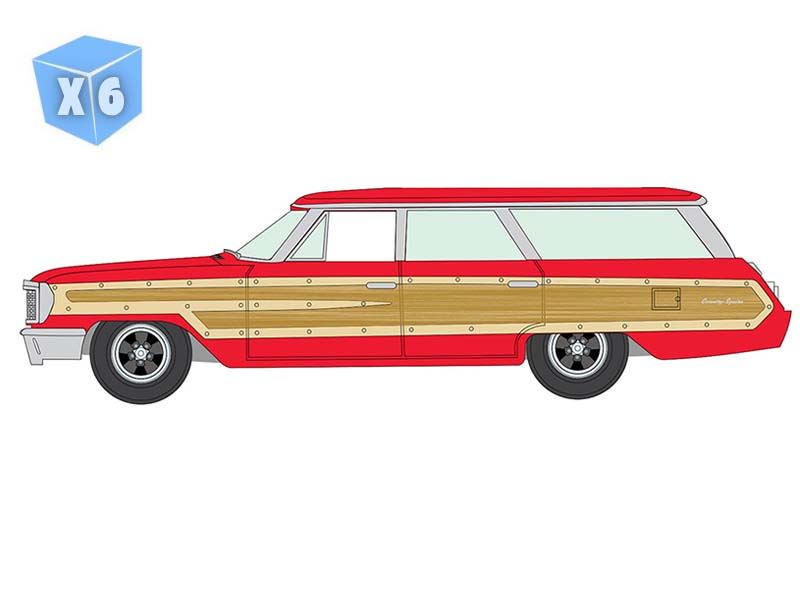 PRE-ORDER - 6 PACK 1964 Ford Country Squire - Poppy Red w/ Honey-Colored Wood Trim Diecast 1:64 Scale Model - Auto World AWSP205B