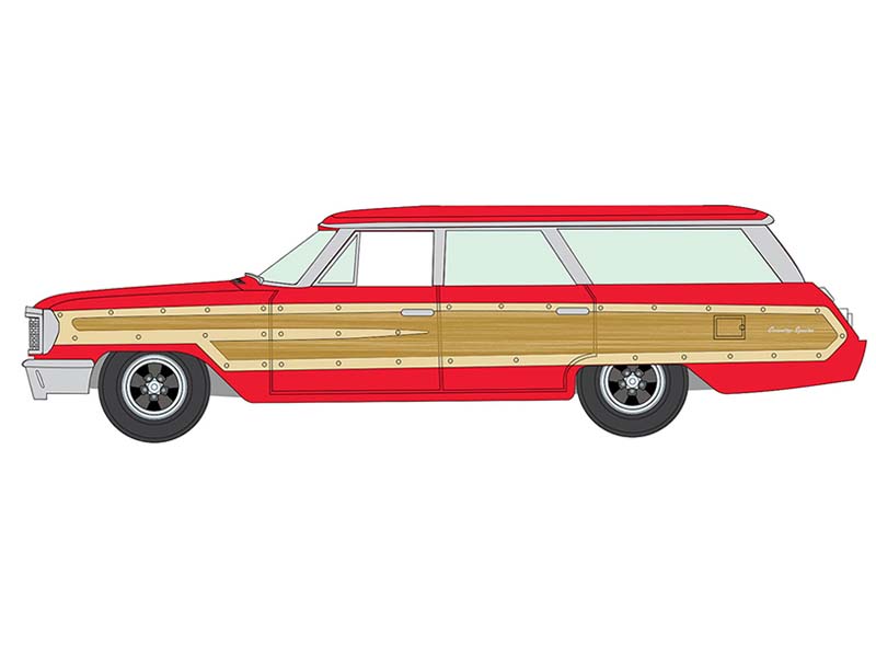 PRE-ORDER 1964 Ford Country Squire - Poppy Red w/ Honey-Colored Wood Trim Diecast 1:64 Scale Model - Auto World AWSP205B