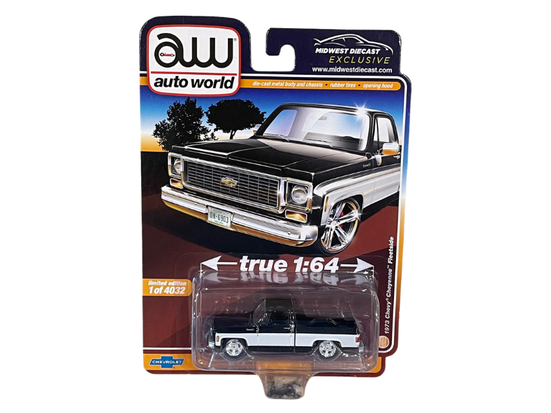 1973 Chevy Cheyenne Pickup Truck - Black and White (Midwest Diecast) Diecast 1:64 Scale Model - Auto World CP7931