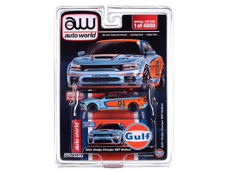 PRE-ORDER 2021 Dodge Charger SRT Hellcat Custom GULF Livery (Mijo Exclusives) Diecast 1:64 Scale Model - Auto World CP8084