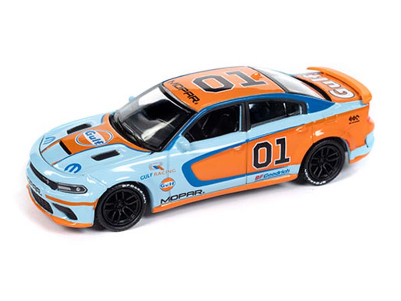 PRE-ORDER 2021 Dodge Charger SRT Hellcat Custom GULF Livery (Mijo Exclusives) Diecast 1:64 Scale Model - Auto World CP8084